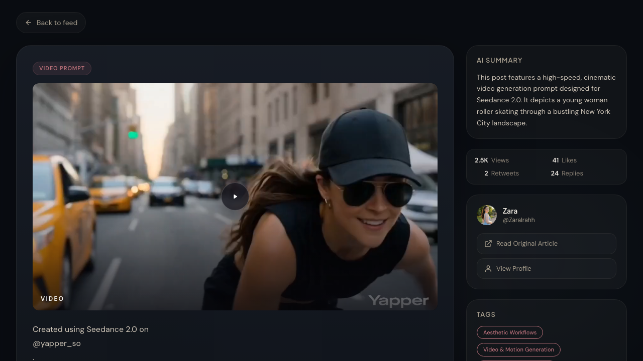 FeedSilo video tweet view showing a captured tweet with embedded video and AI summary